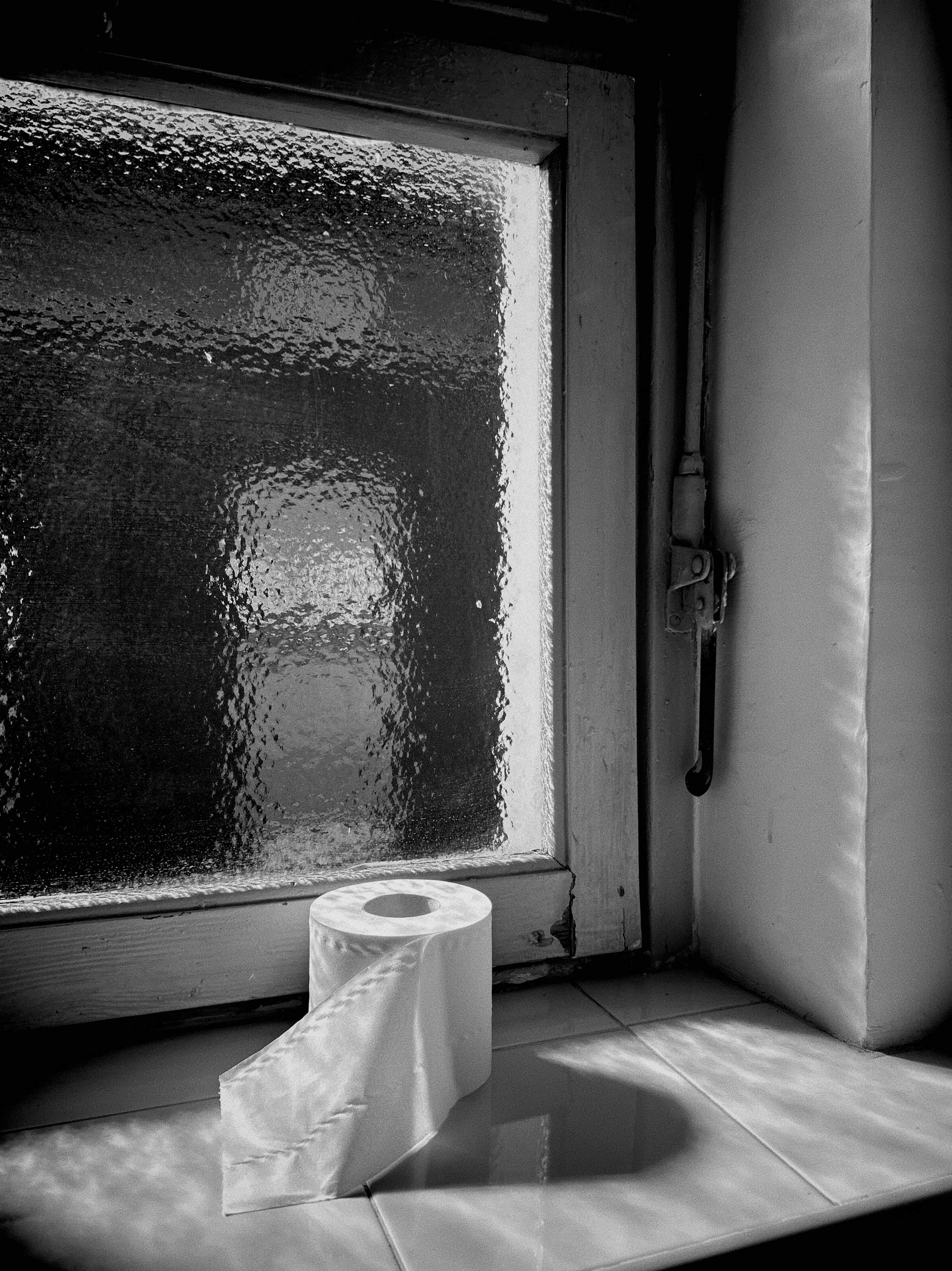 fotografia in bianco e nero di un rotolo di carta igienica su di un davanzale. lo sfondo è una finestra smerigliata che crea un effetto di luce particolare